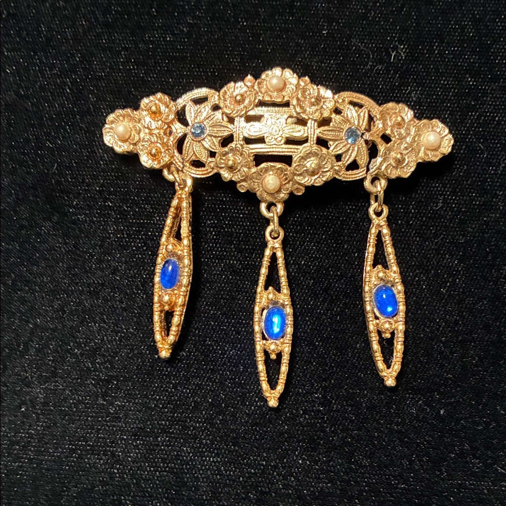 Vintage Gold-Tone Filigree Drop Brooch with Blue Cabochon and pearl accents